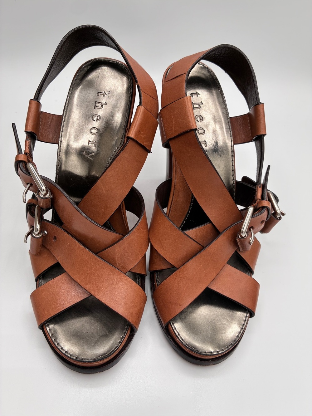 Theory Kendra Brown Leather Strappy Heeled Sandal